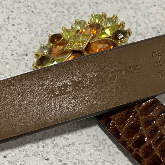 Liz Claiborne Y2K belt brown moc croc with colorful rhinestone buckle size L - Picture 7 of 9